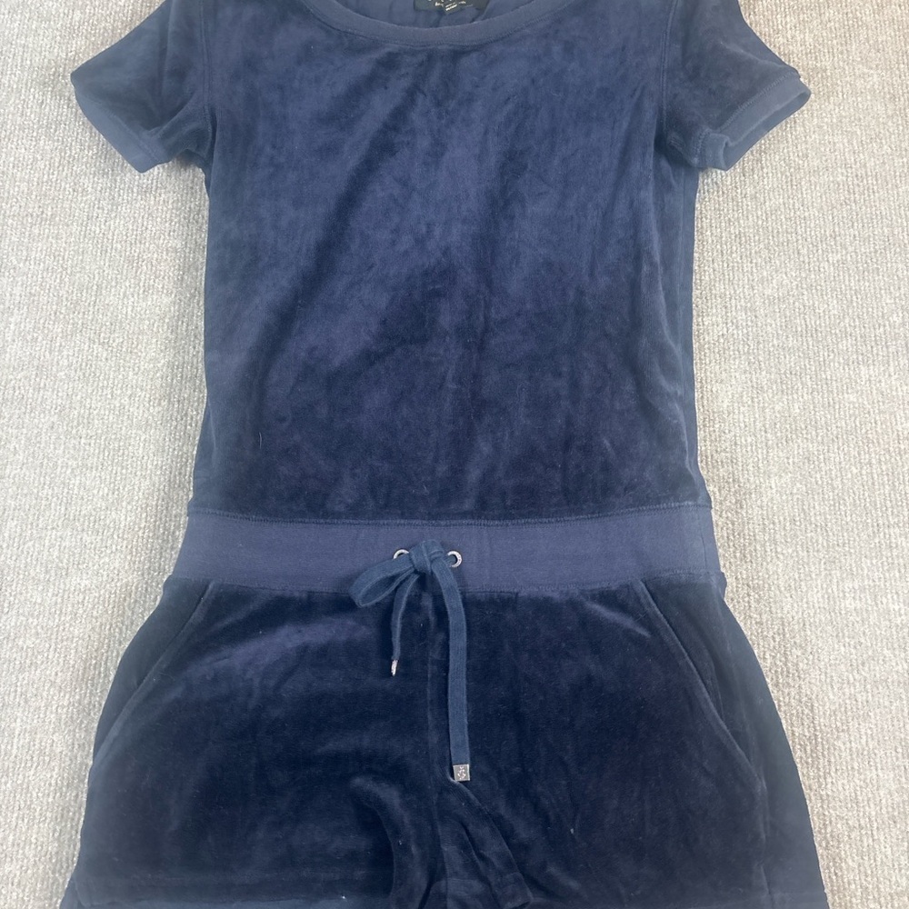 Juicy Couture Velour Romper XS Navy Blue Sequin “Long Live Juicy Couture” Y2K - Picture 3 of 5